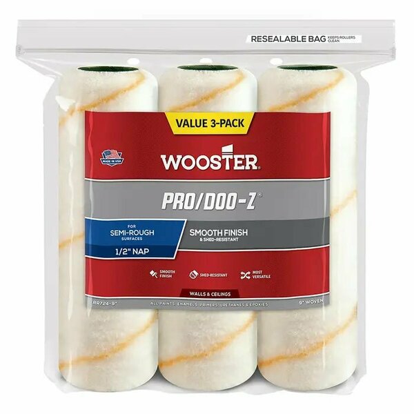 Wooster 9" Paint Roller Cover, 1/2" Nap Nap, Woven Fabric, 3 PK RR724
